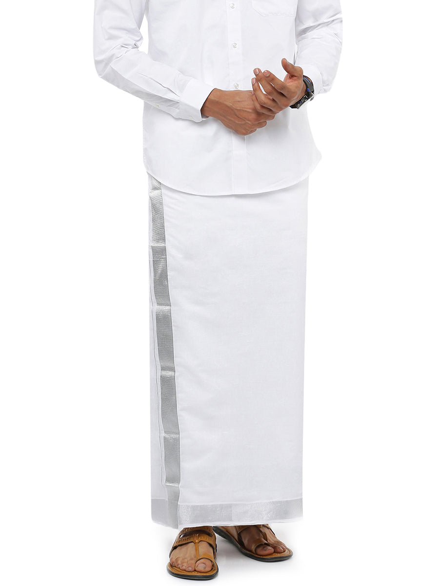 Mens Double Dhoti with Jari 2" Border Silver Earth