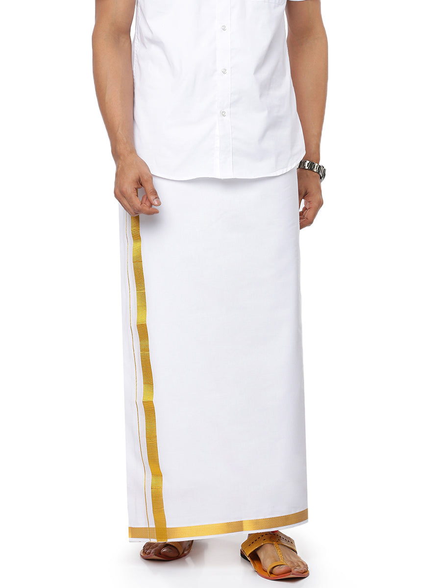 Mens Single Dhoti White with Gold Jari 3/4" Agal  (2 PCs Combo)-Side view