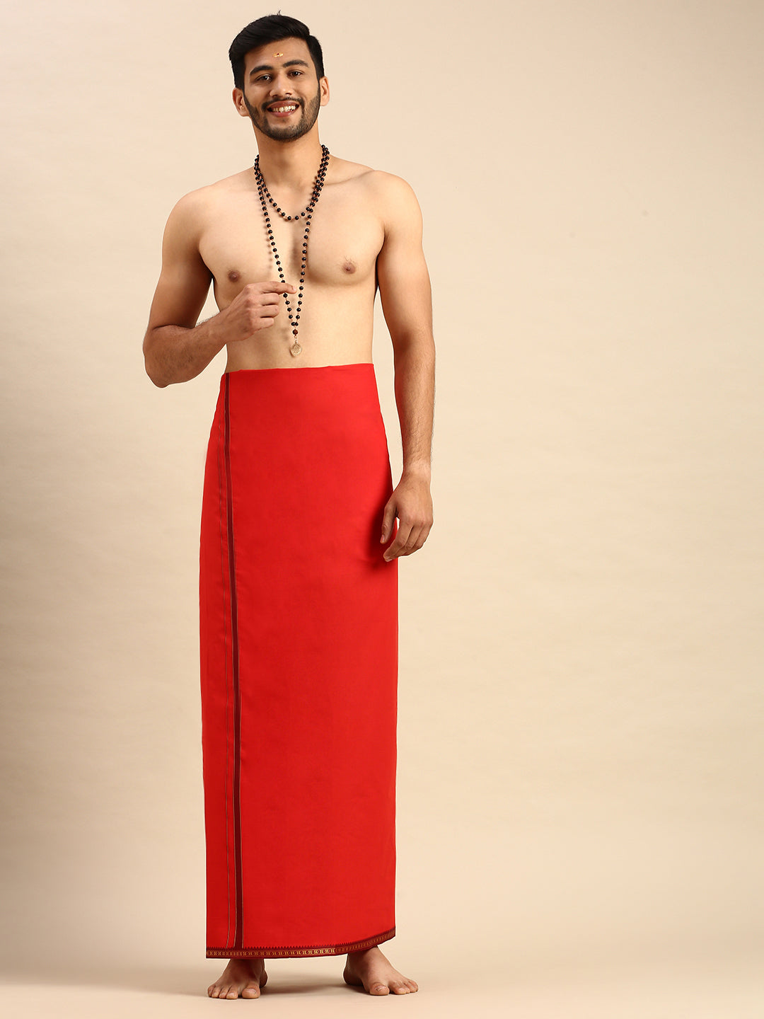 Mens Color Dhoti with Big Border Mercury Red-Front view
