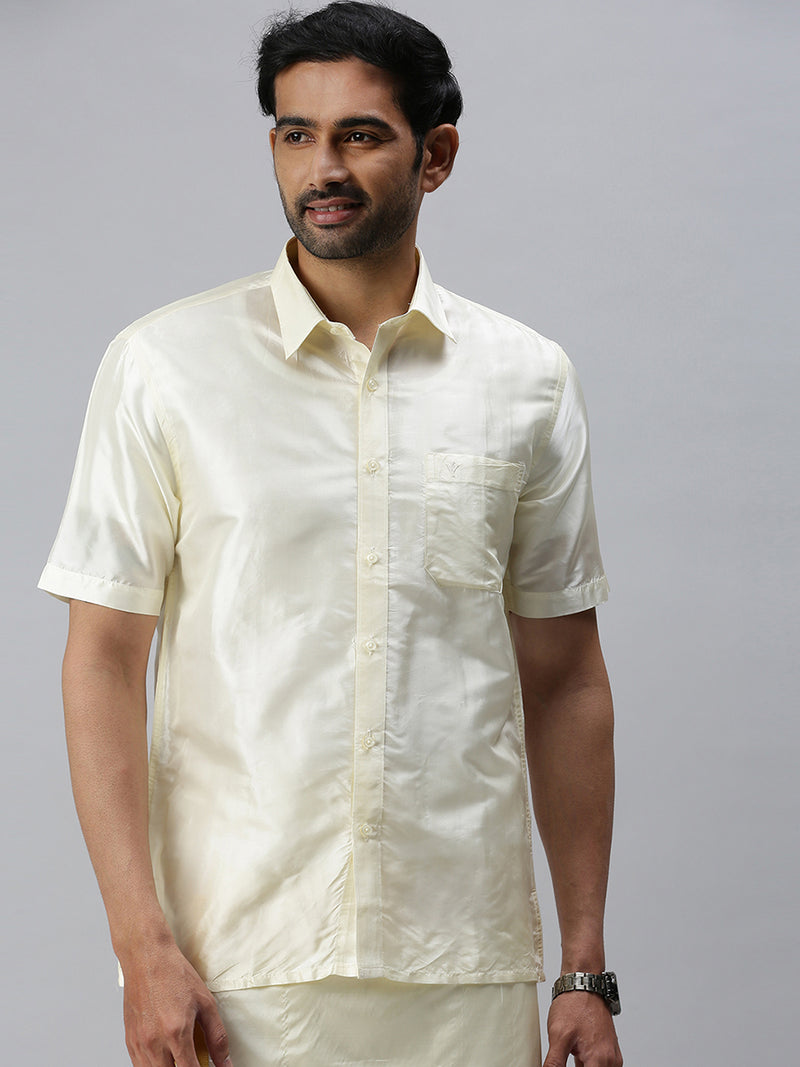 Mens Pure Silk Cream Shirt Half Sleeves Silk Mark