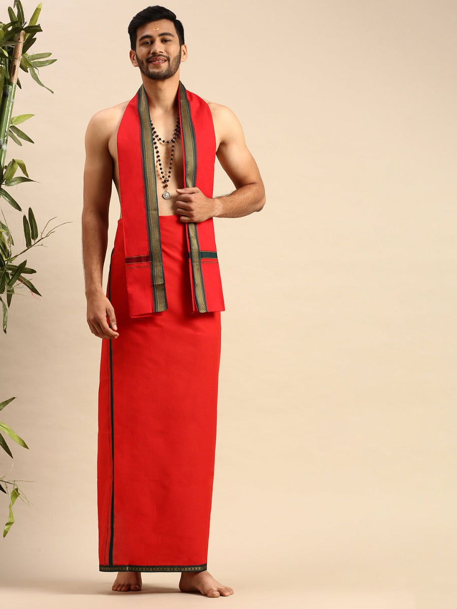 Mens Devotional Dhoti & Towel Set Mercury Red-Full view