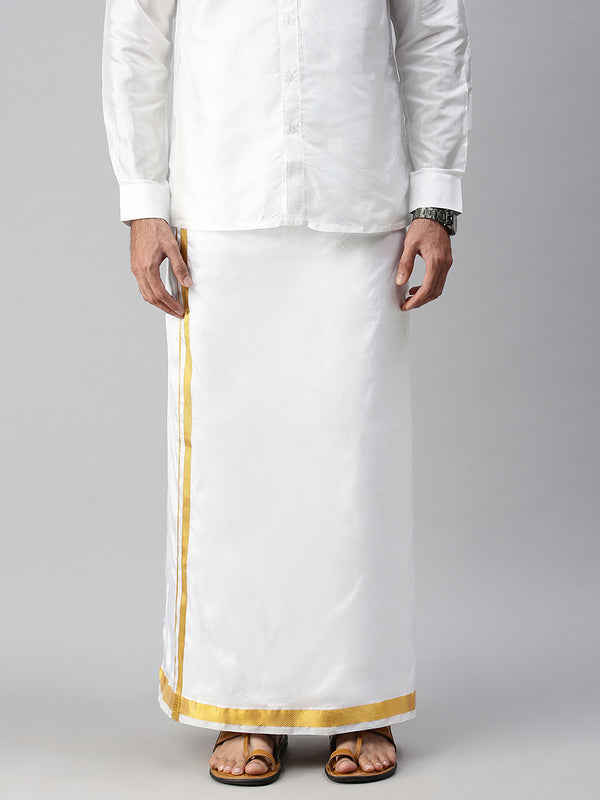 Mens Pure Silk White Double Dhoti with 3/4" Gold Jari Upasana