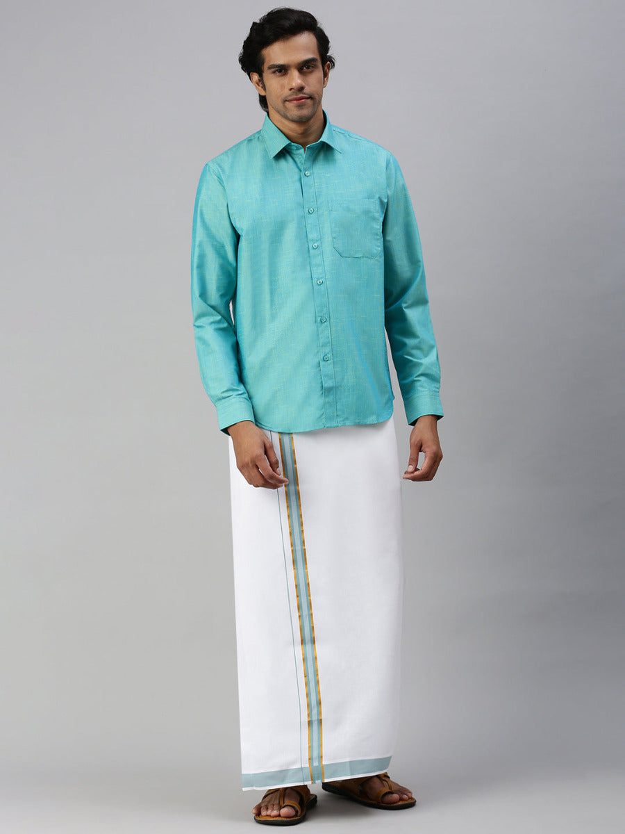 Mens Matching Jari Border Dhoti & Shirt Set Full Sleeve Blue VB8