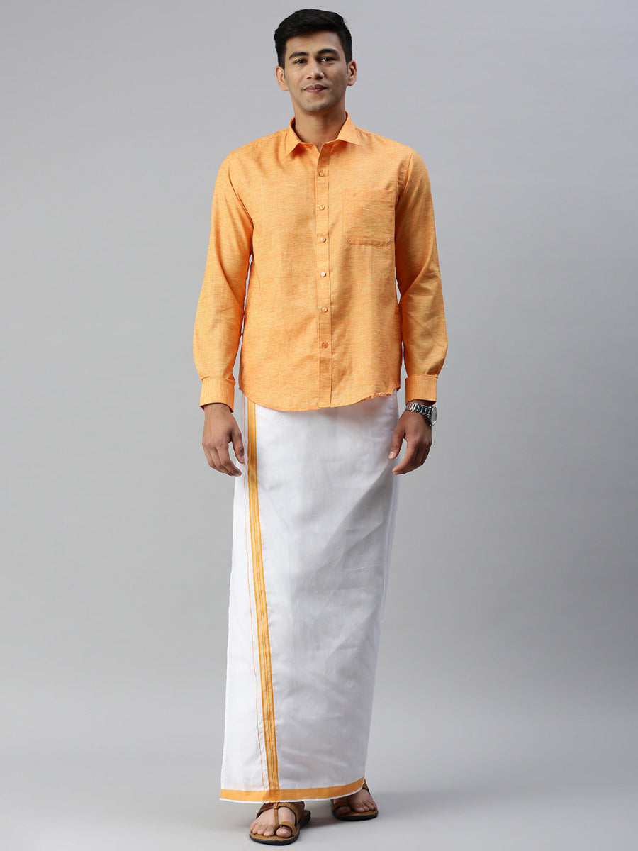 Mens Matching Border Adjustable Dhoti & Full Sleeves Shirt Set Orange CC2