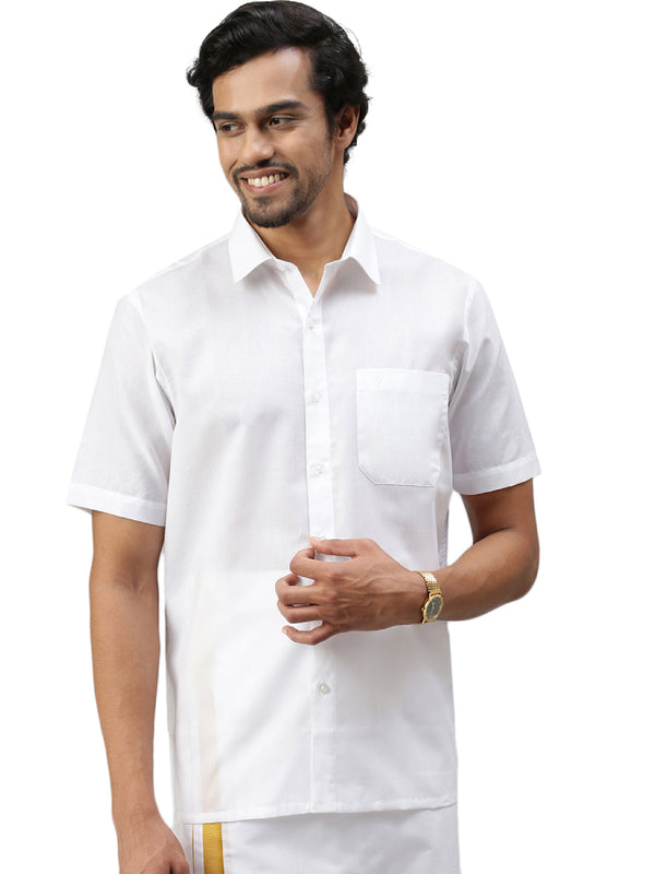 Mens 100% Cotton Half Sleeves White Shirt Justice White