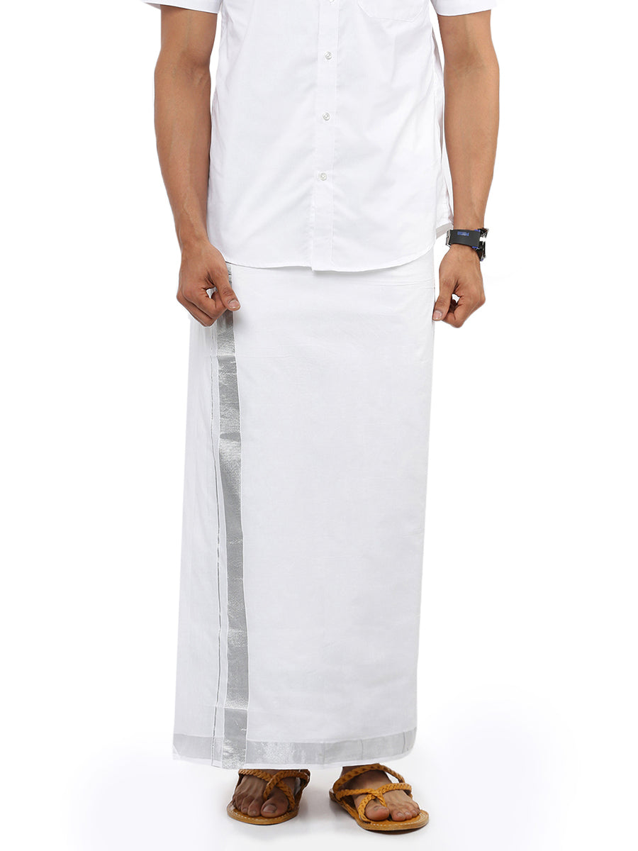 Mens Double Dhoti White with Silver Jari 1 1/2" Silver Rose