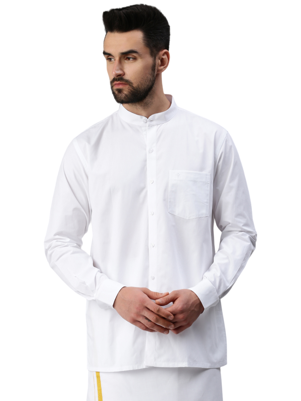 Mens 100% Cotton White Shirt Full Sleeves Chinese Collar