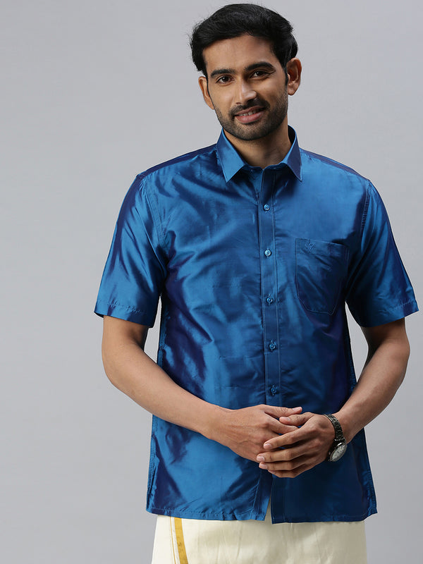 Mens Silk Royal Blue Half Sleeves Shirt