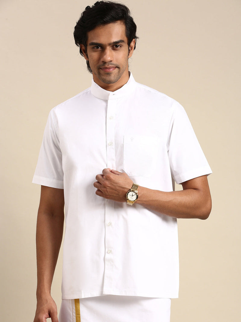 Mens 100% Cotton White Shirt Half Sleeves Plus Size Chinese Collar