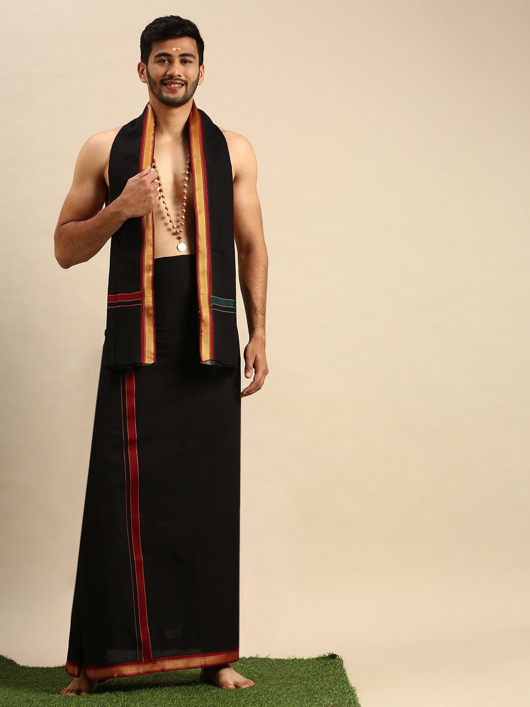 Mens Devotional Dhoti & Towel Set Brindhavan Black