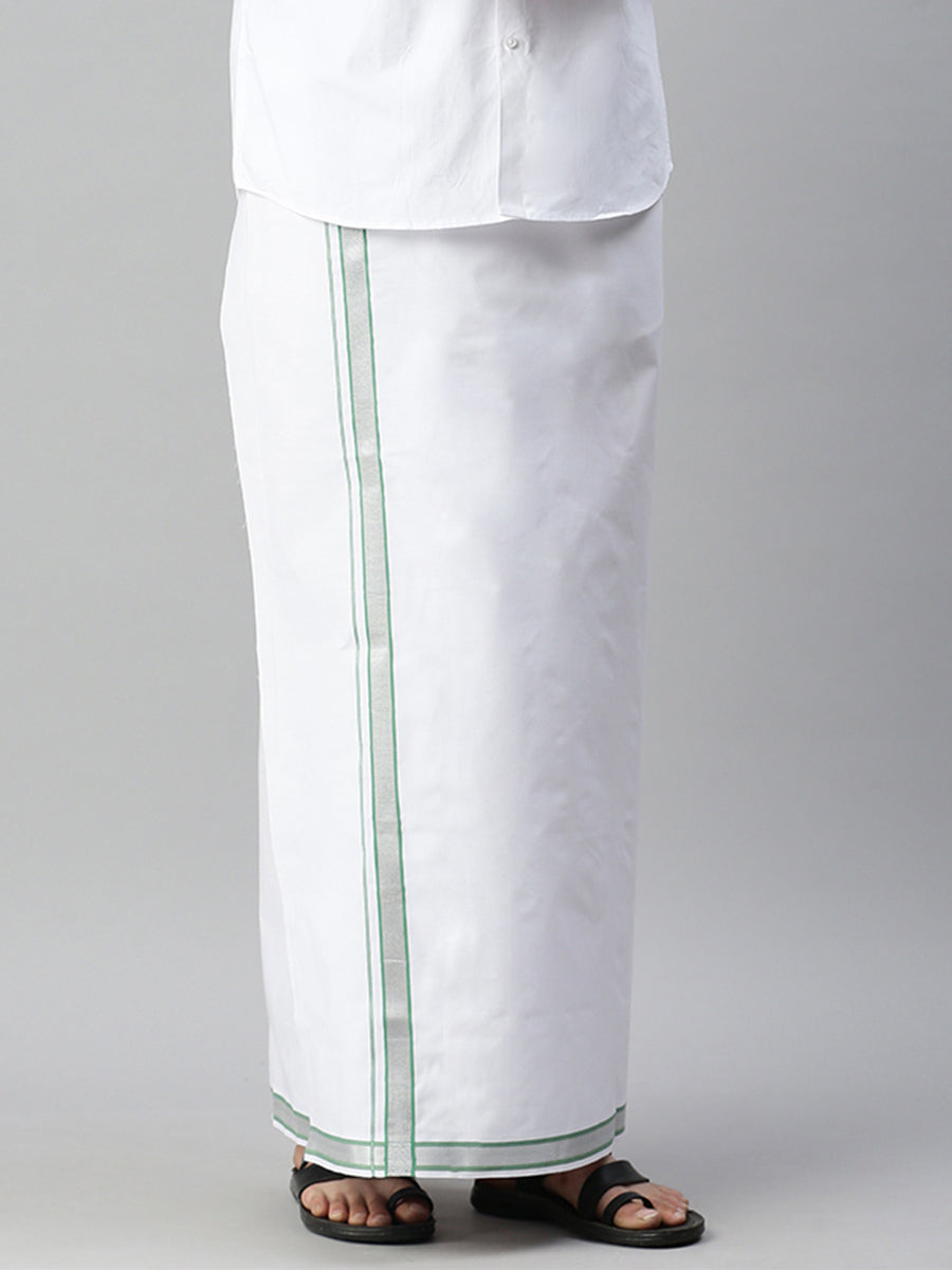 Mens Single Dhoti with Jari Fancy Border Silver Crown Green-Front view