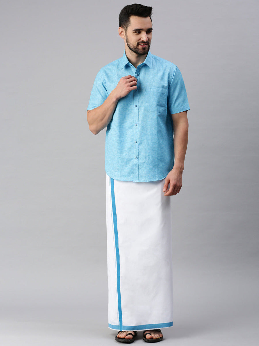 Mens Matching Border Dhoti & Half Sleeves Shirt Set Trendy CC5-Front view