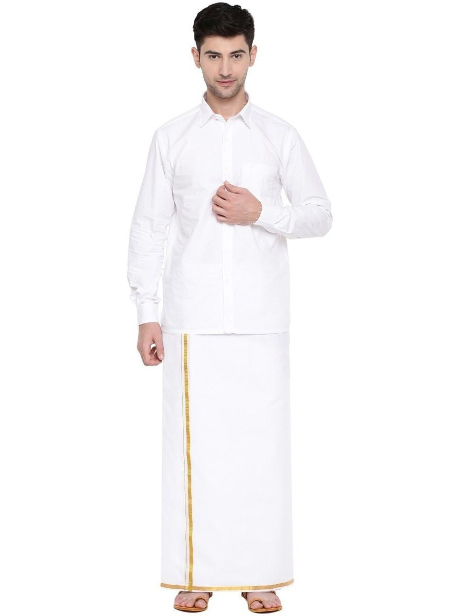 Mens Double Dhoti White with Gold Jari 3/4" Good Will-Full view