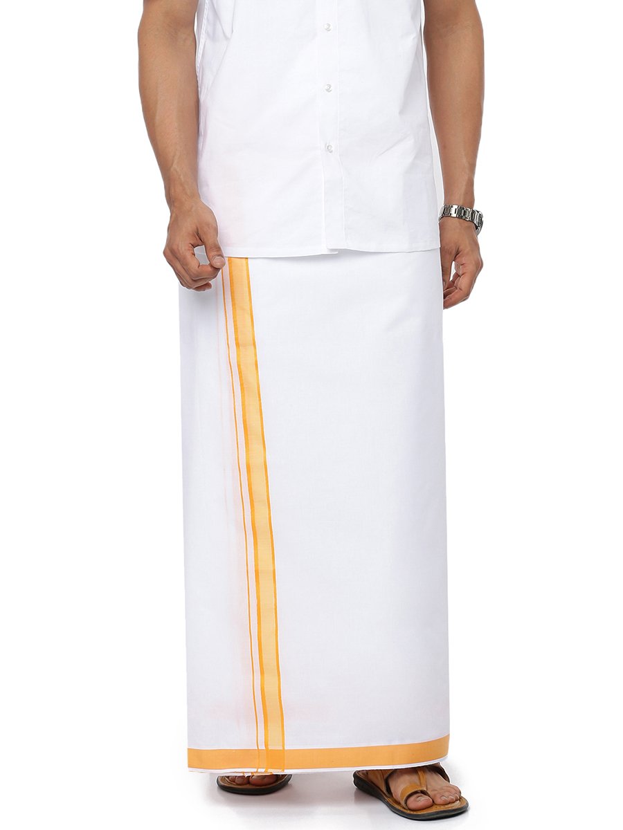Mens Single Dhoti White with Fancy Border Holy Wind Yellow