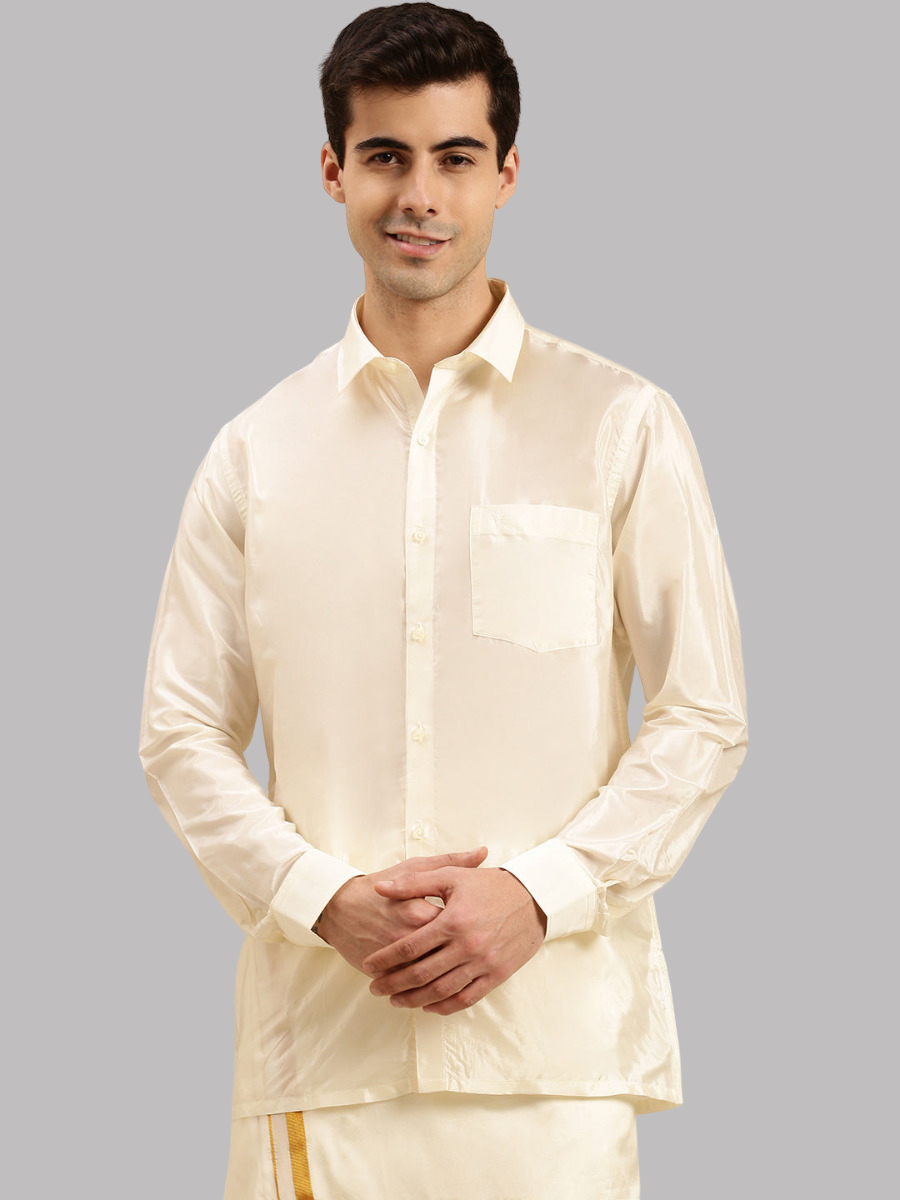 Mens Cream Art Silk Full Sleeves Shirt with Readymade Double Dhoti Combo-Front view