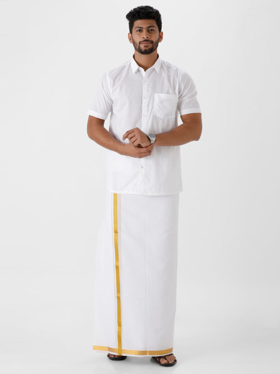 Mens Cotton White Half Sleeves Shirt with Jari 1" Dhoti Combo