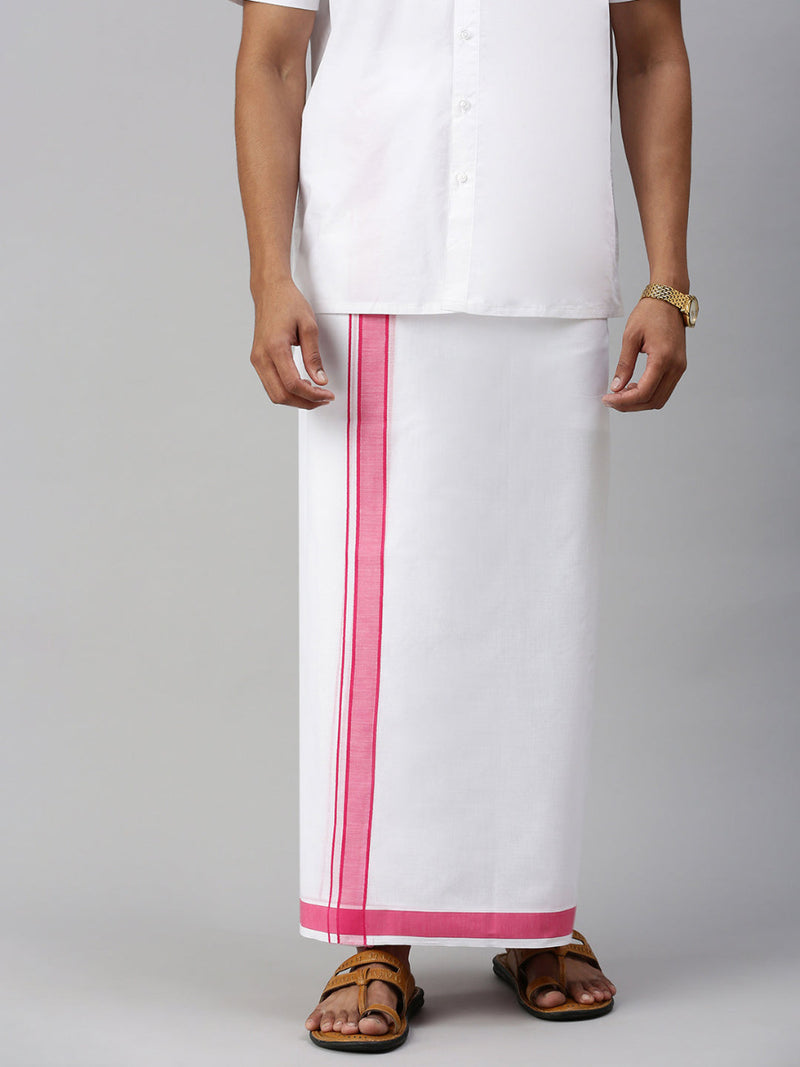 Mens Double Dhoti White with Fancy Border Terra Plain Pink