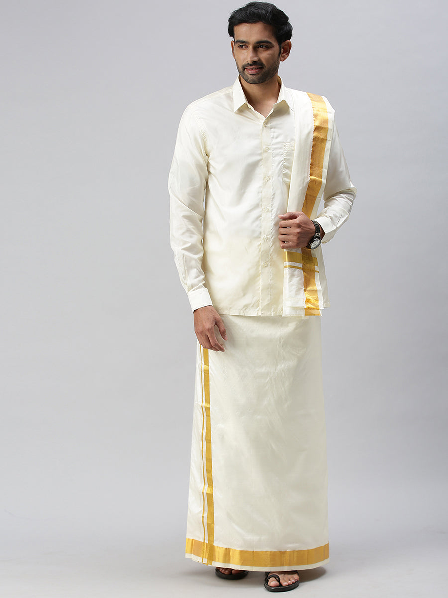Mens Pure Silk Cream Double Dhoti & Towel Thirukalyan 70K 2"-Full view