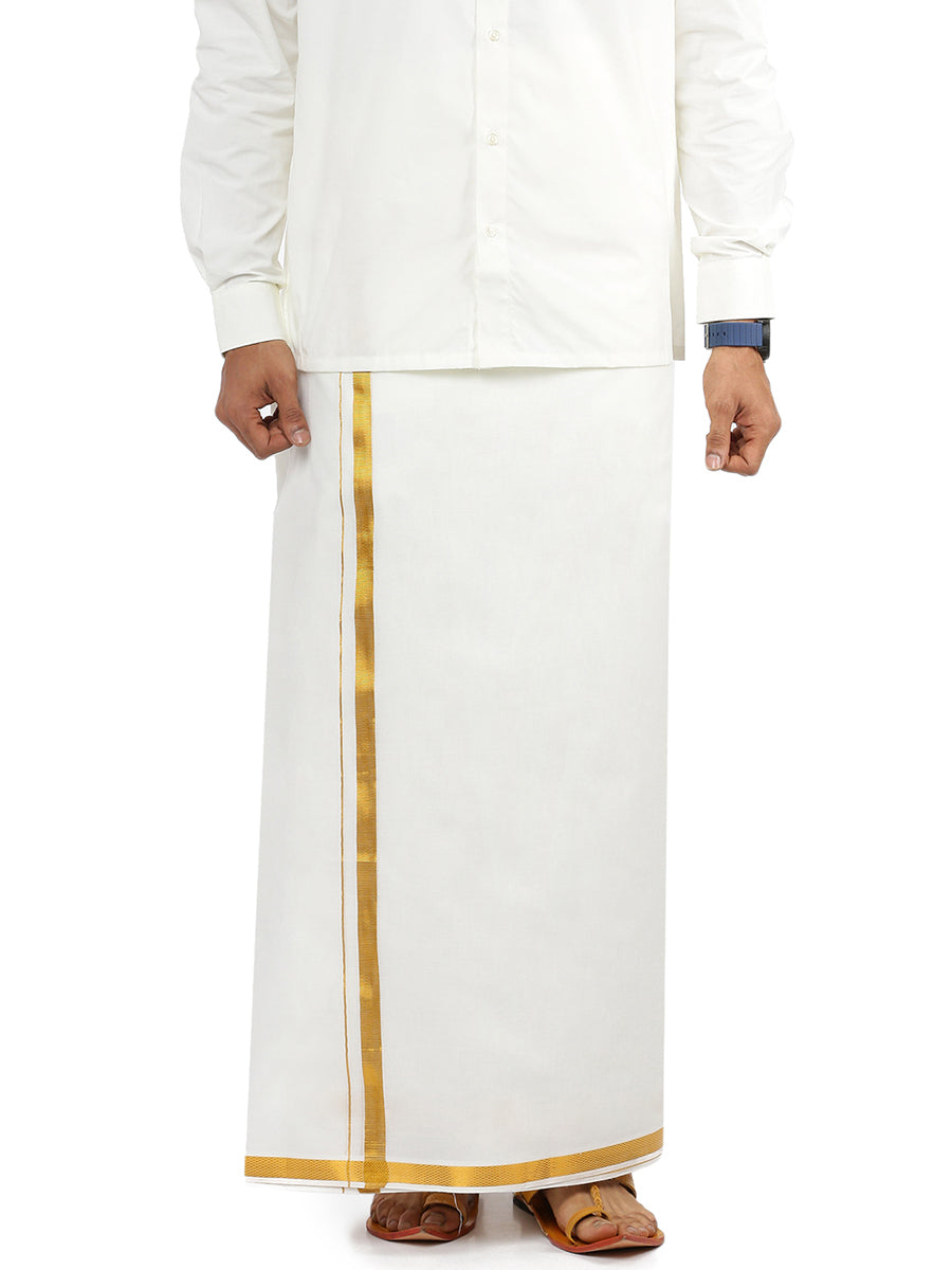 Mens Double Dhoti Cream with 1/2" Gold Zari Border Gold Leaf