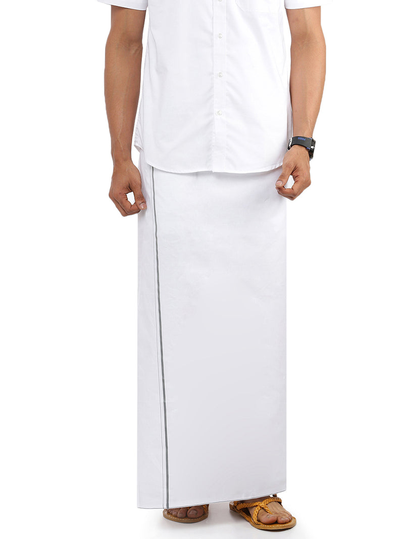 Mens Double Dhoti White with Small Border Treat Grey