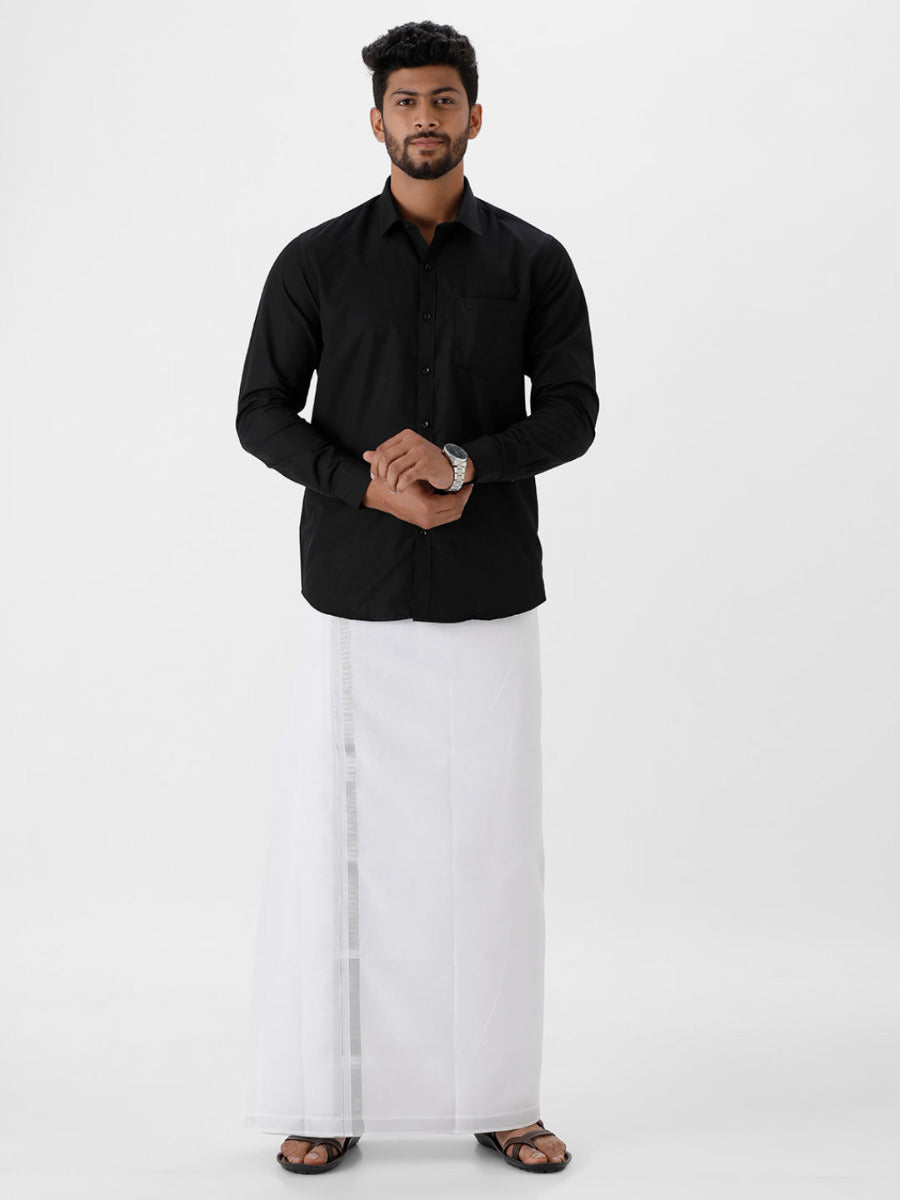 Mens Cotton Black Full Sleeves Shirt & Double Dhoti with Sliver Jari Combo