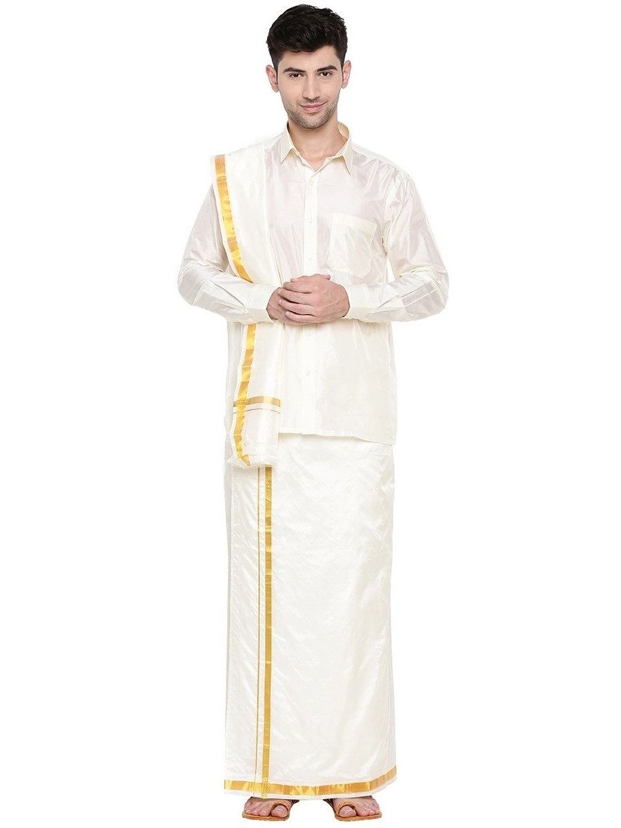 Mens Pure Silk Cream Wedding Set 1/2" Dhoti+Towel+Shirt Bit Rajahamsa