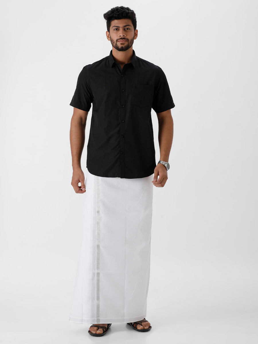 Mens Cotton Black Half Sleeves Shirt & Double Dhoti with Silver Jari Combo