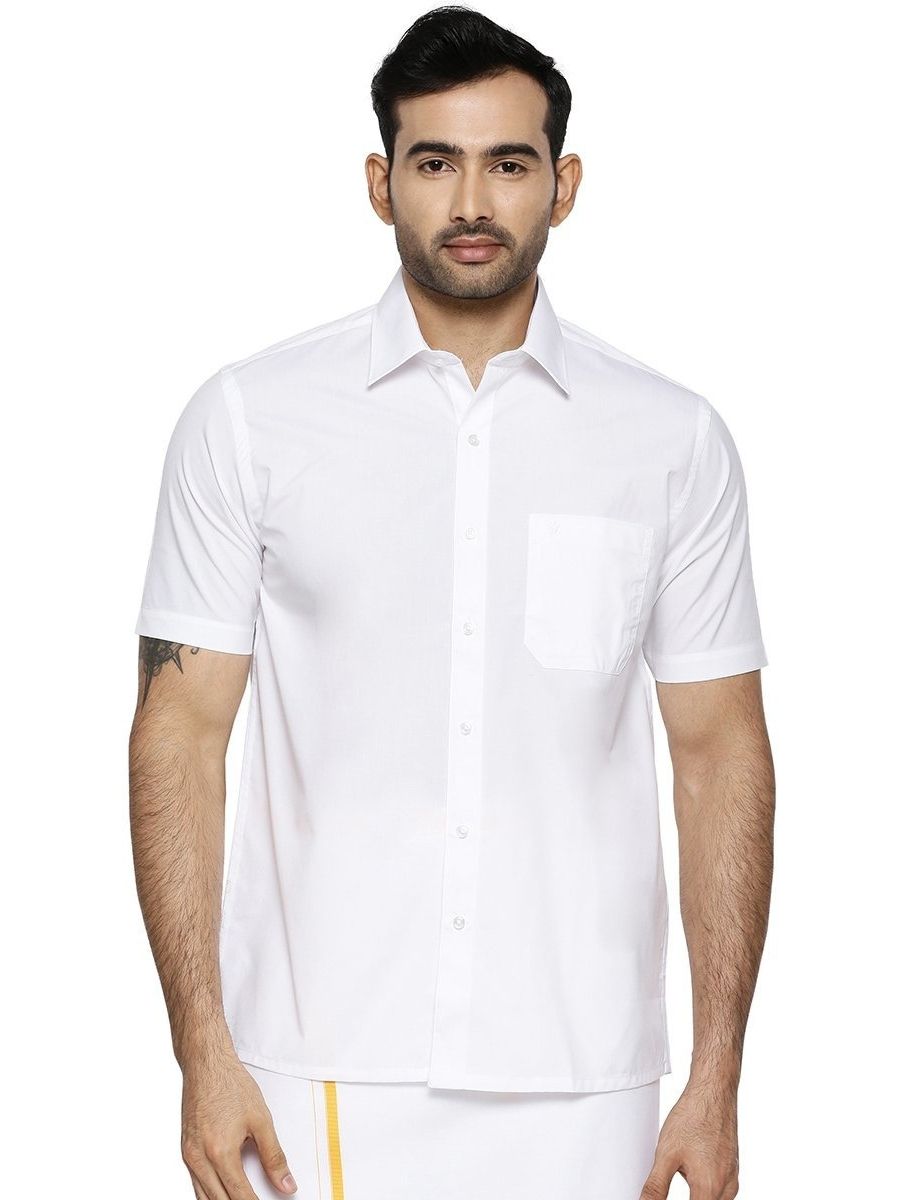 Mens 100% Cotton White Shirt Half Sleeves Cool Cotton -Front view
