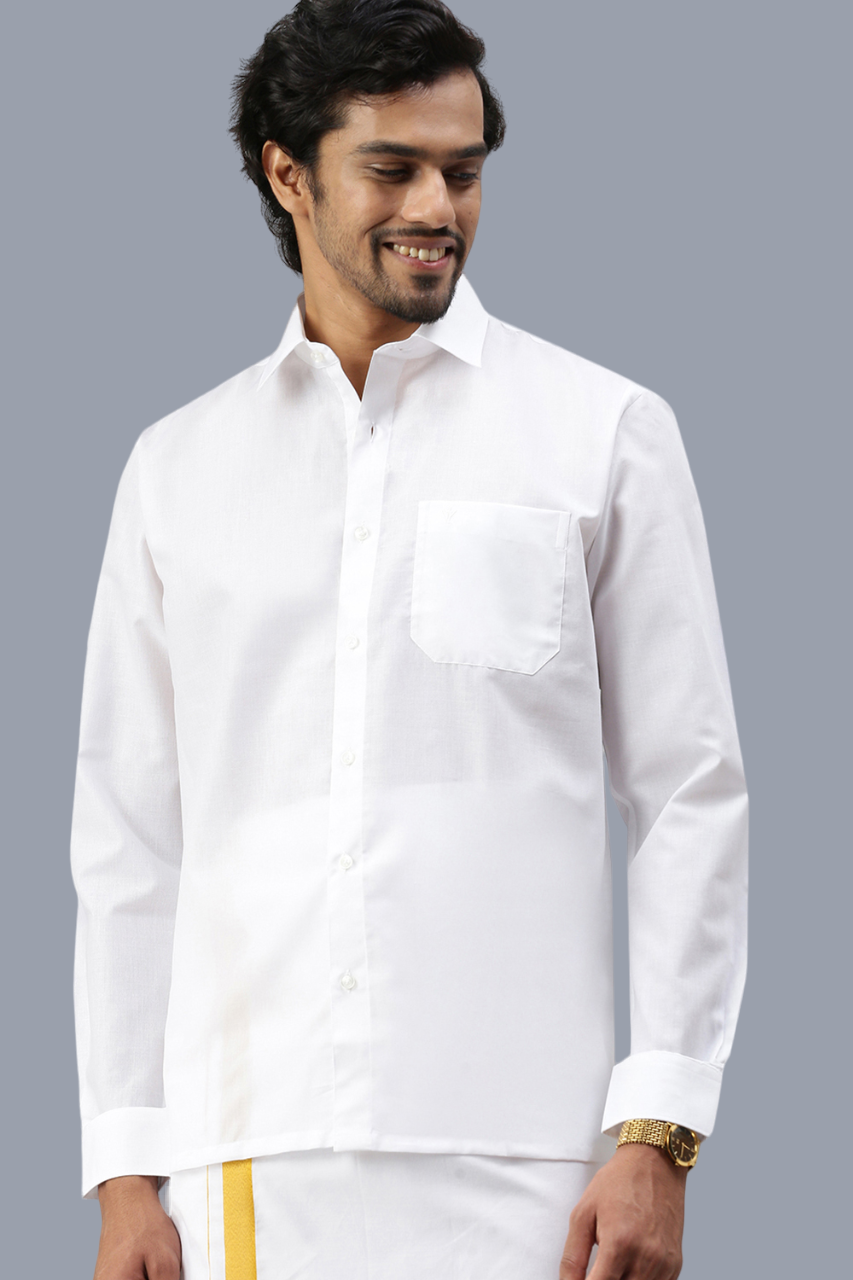 Mens Wrinkle Free White Full Sleeves Shirt with 1'' Gold Jari Double Dhoti Combo-Side view