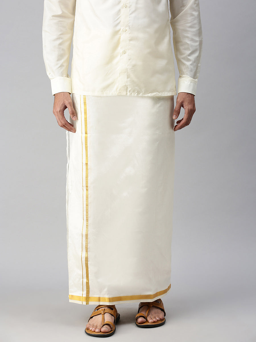 Mens Pure Silk Cream 1/2" Dhoti & Shirt Bit Purna Mithra-Front view