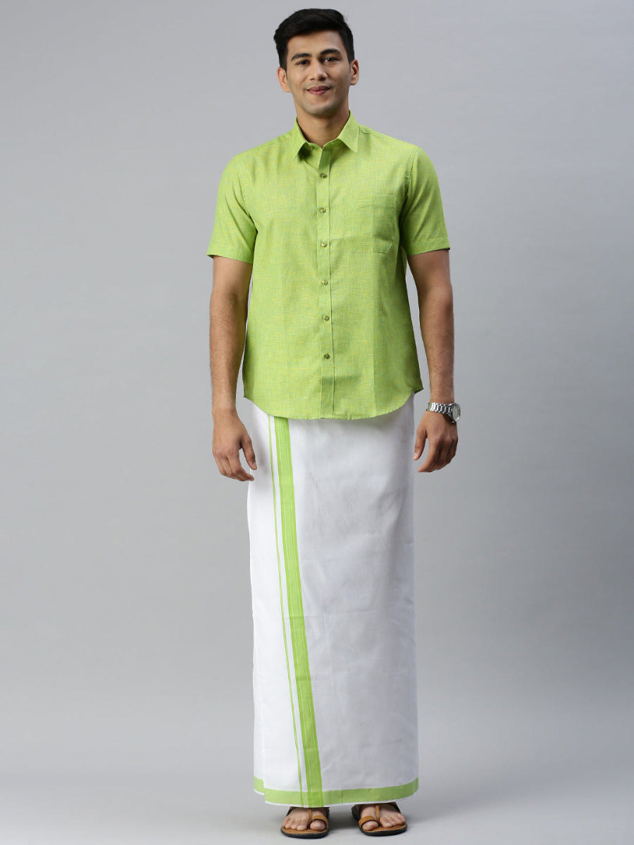 Mens Matching Border Adjustable Dhoti & Half Sleeves Shirt Set Green CC4