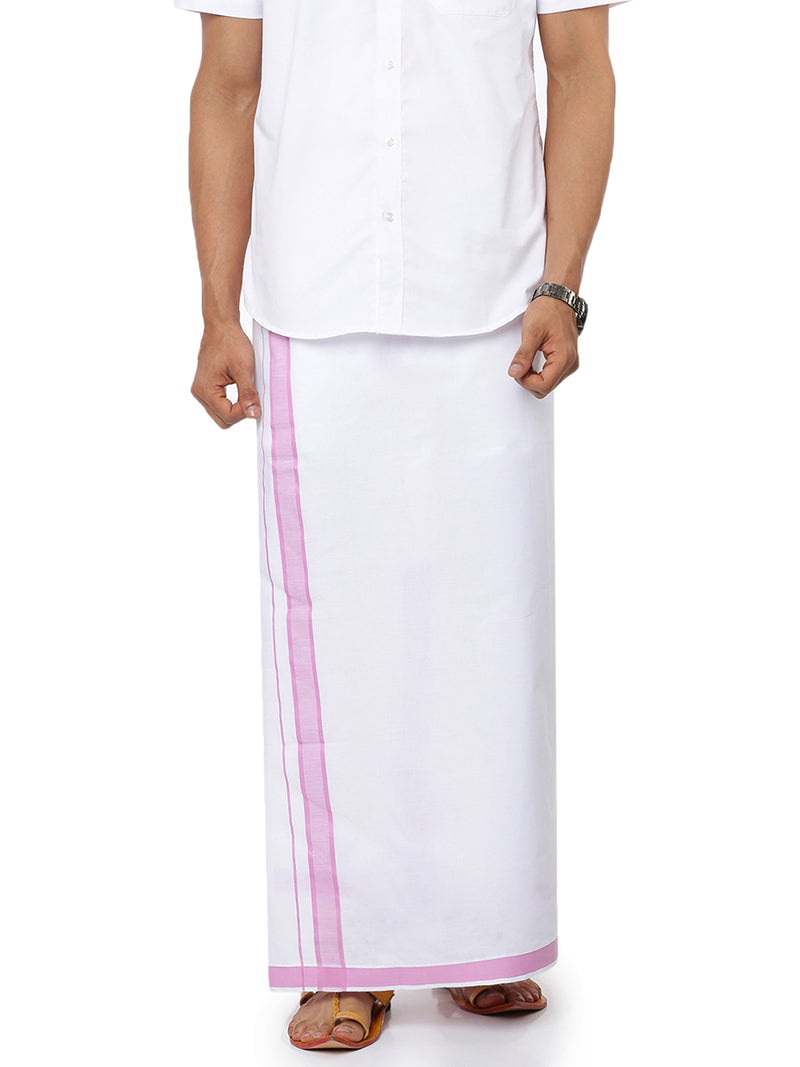 Mens Single Dhoti White with Fancy Border Holy Wind Pink