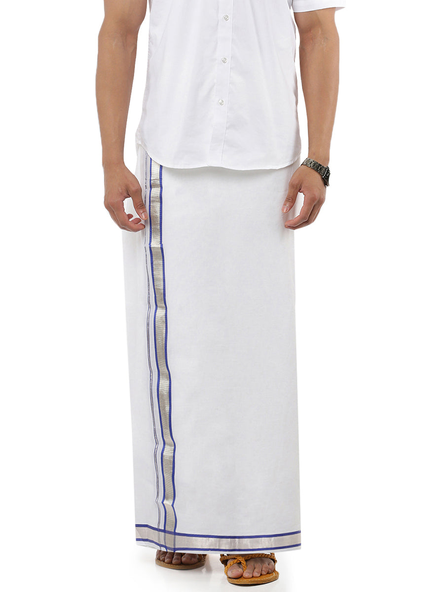 Mens Double Dhoti White with Fancy Border Cotton 5051 Blue Silver