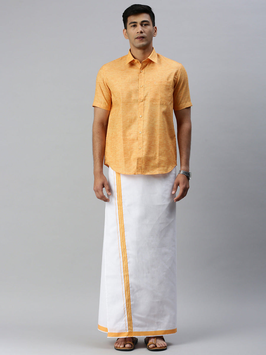 Mens Matching Border Adjustable Dhoti & Half Sleeves Shirt Set Orange CC2