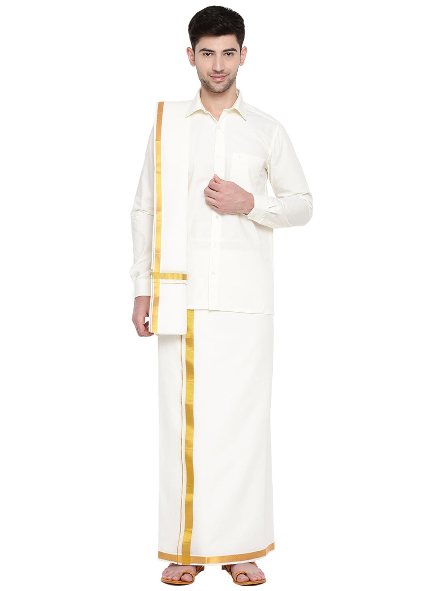 Mens Wedding Set Plus Size Cream Regular Dhoti, Shirt & Towel