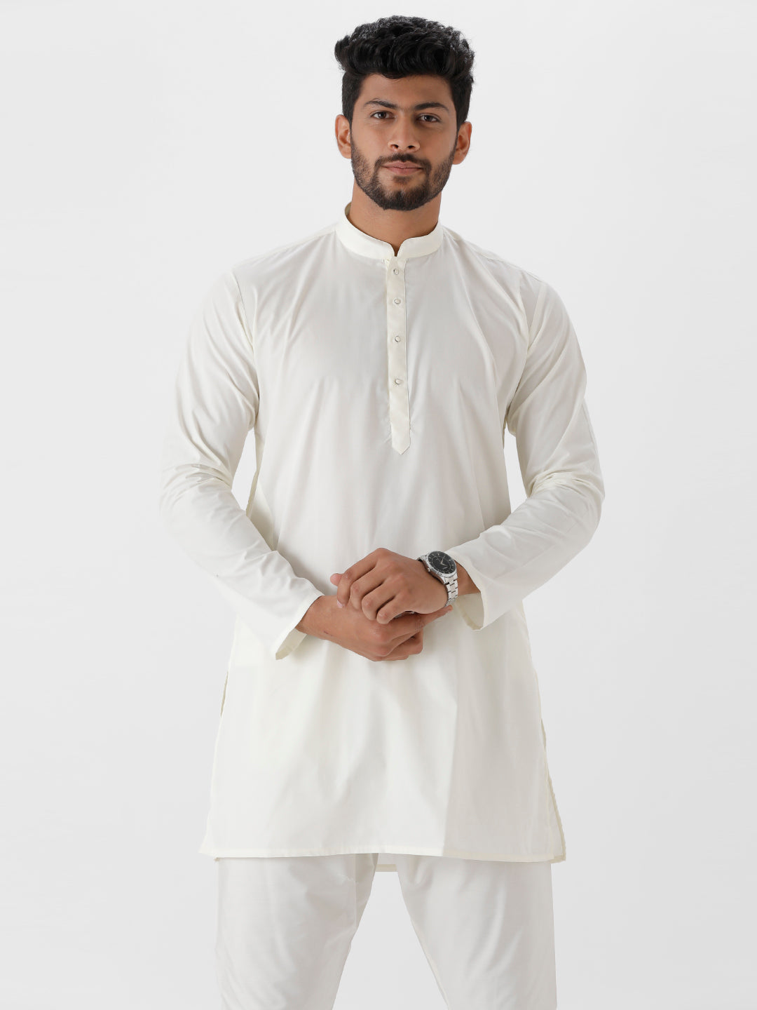 Mens Cream Colour Full Sleeve Medium Length Kurta