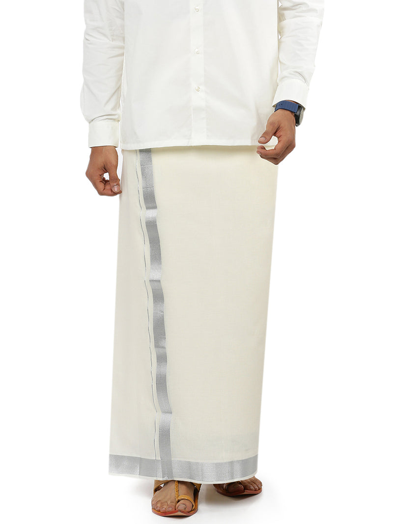 Mens Double Dhoti Cream with Silver Jari 1 1/2" Silver Rose Kora
