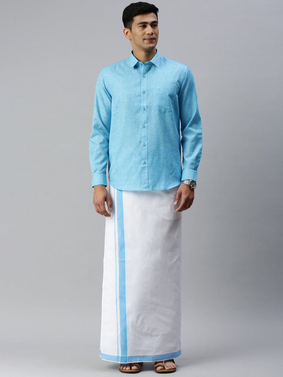 Mens Matching Border Adjustable Dhoti & Full Sleeves Shirt Set Blue CC5