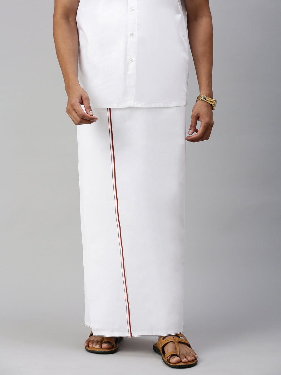 Mens Single Dhoti White with Small Border Minister Cotton Brown