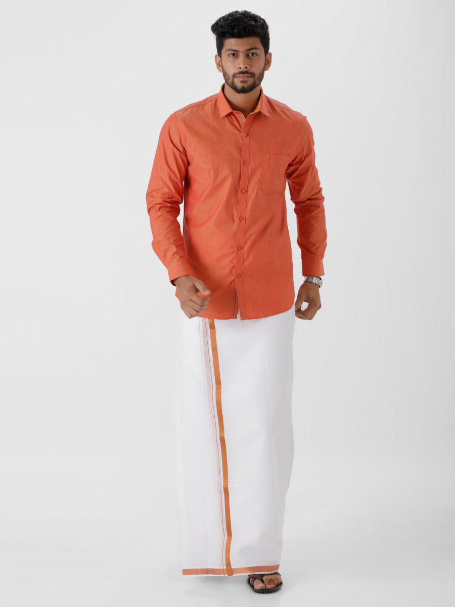 Mens Cotton Copper Colour Full Sleeves Shirt & Single Dhoti with Copper Jari Combo