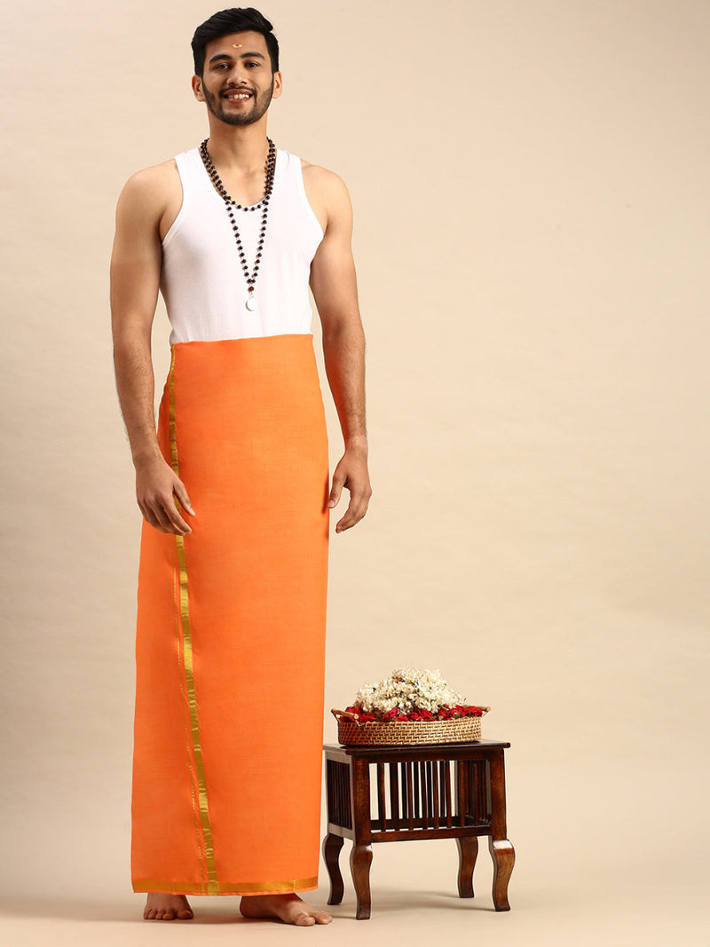 Mens Color Dhoti with 3/4" Gold Jari Border Daisy Colour 1
