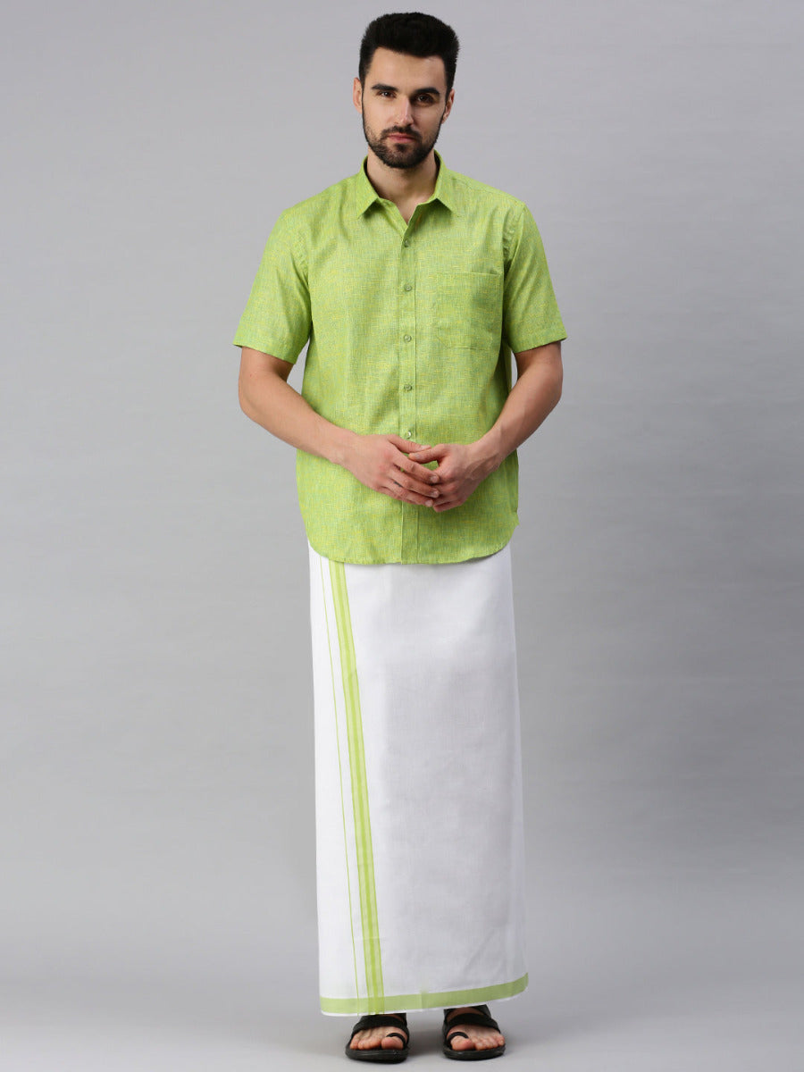 Mens Matching Border Dhoti & Half Sleeves Shirt Set Trendy CC4-Front view