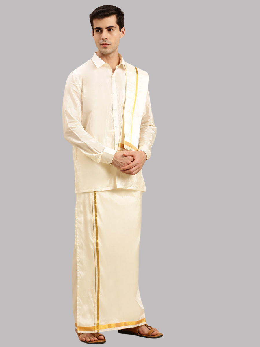 Mens Cream Art Silk Full Sleeves Shirt, Double Dhoti+Towel Combo
