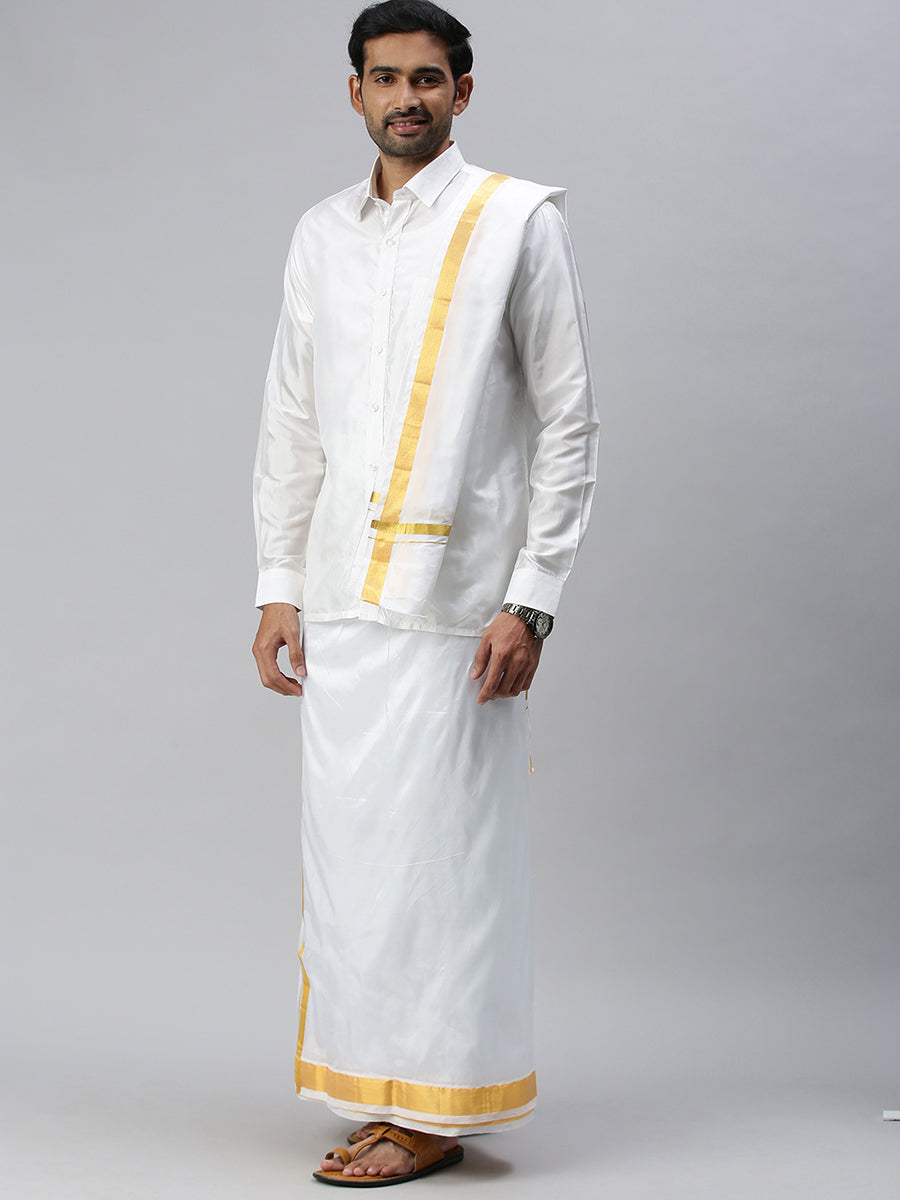 Mens Silk White Wedding Set 1 1/2" Dhoti+Towel+Shirt Subha Vaibhavaa-Side view