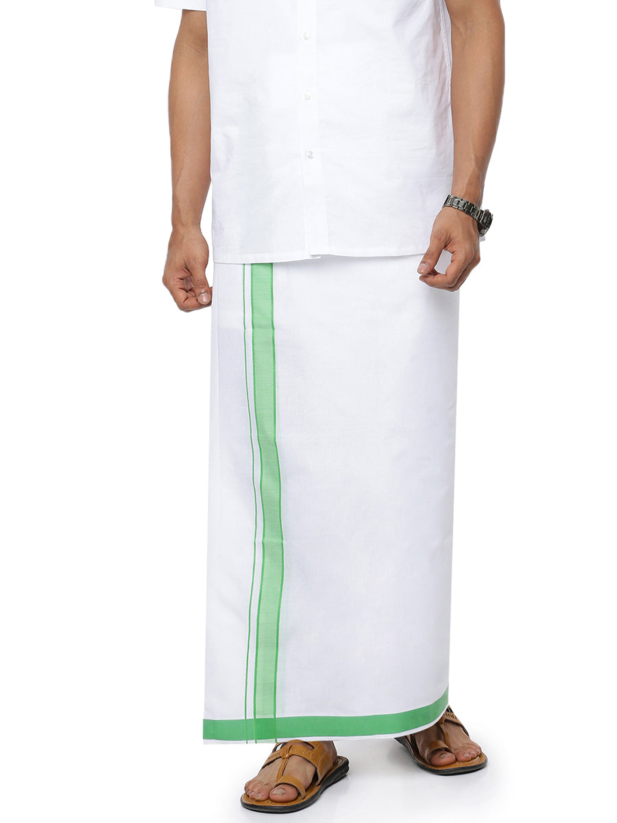 Mens Double Dhoti White with Fancy Border Anchor Plain Parrot Green