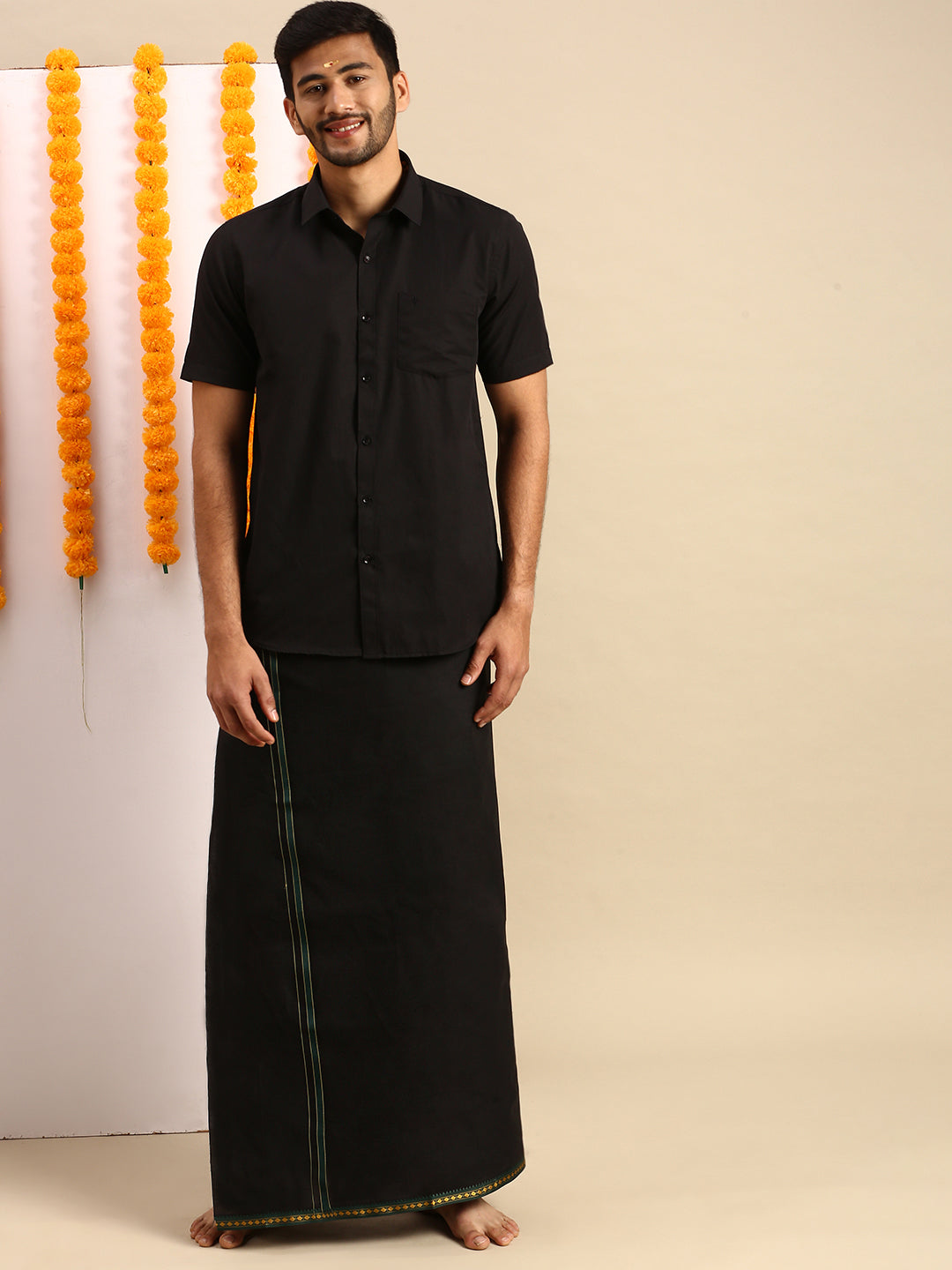 Mens Devotional Shirt & Small Border Dhoti Combo Mercury Black