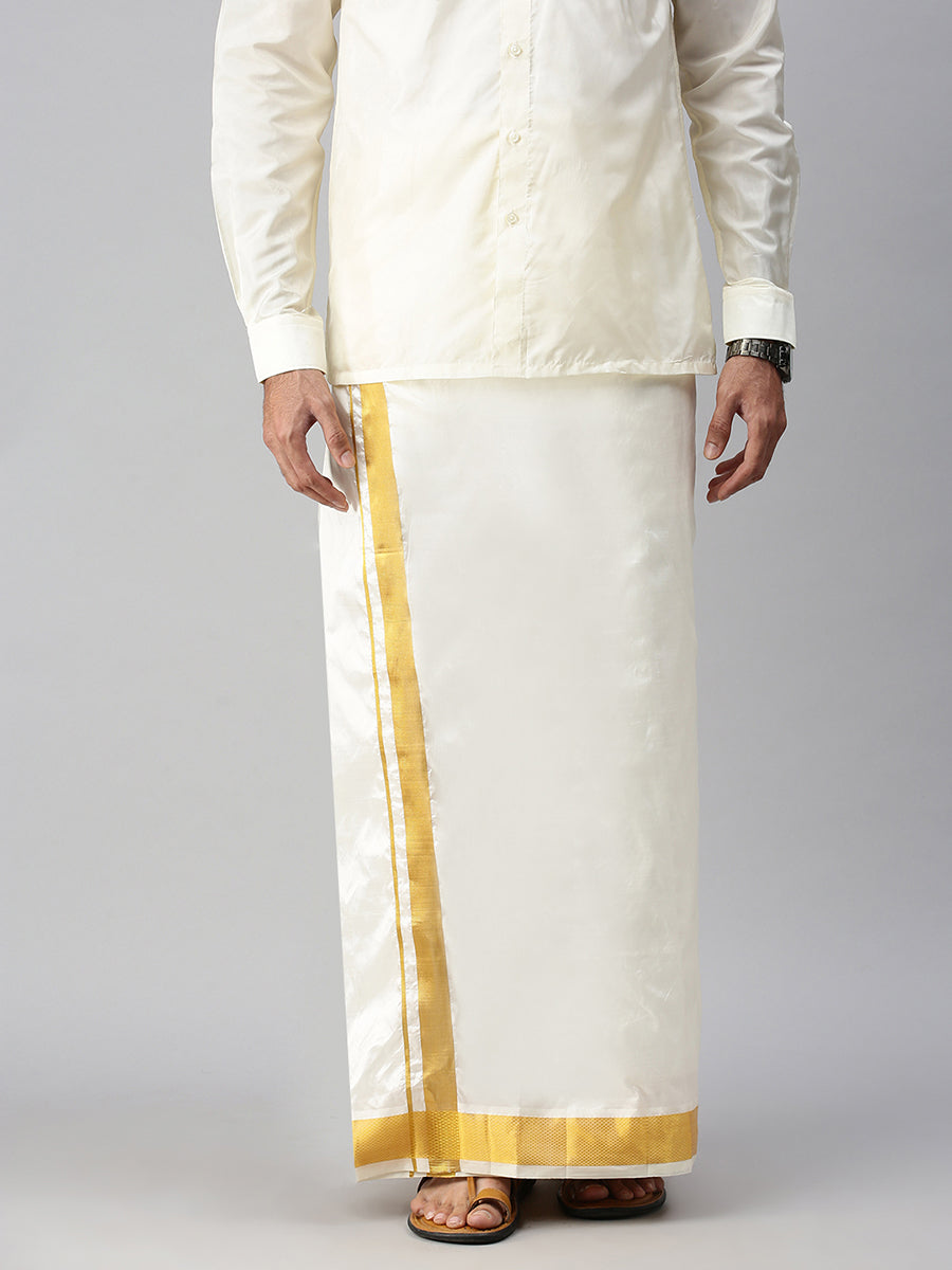 Mens Pure Silk Cream Double Dhoti with 2" Gold Jari Border Upasana