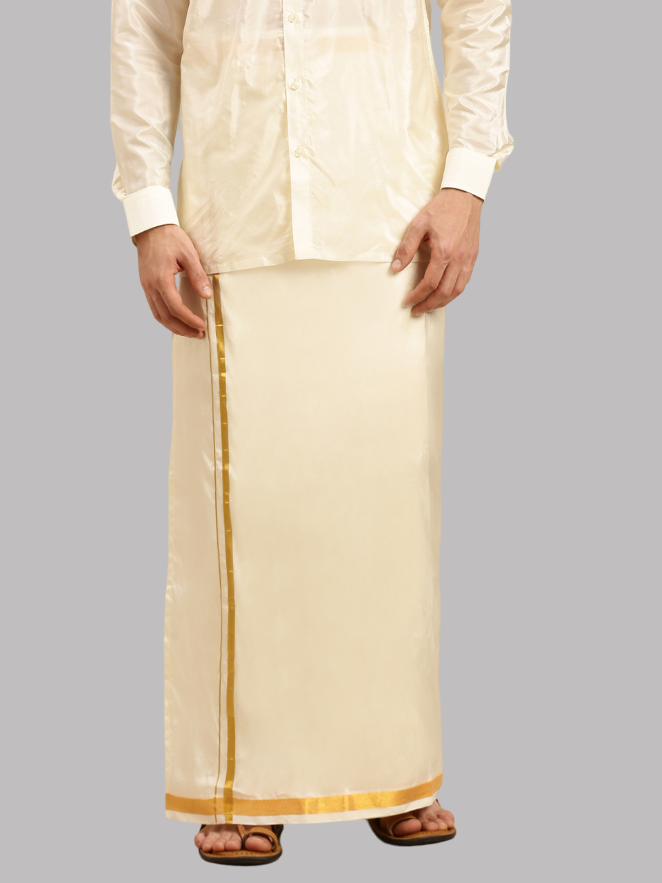 Mens Cream Art Silk Full Sleeves Shirt, Double Dhoti+Towel Combo-Bottom view