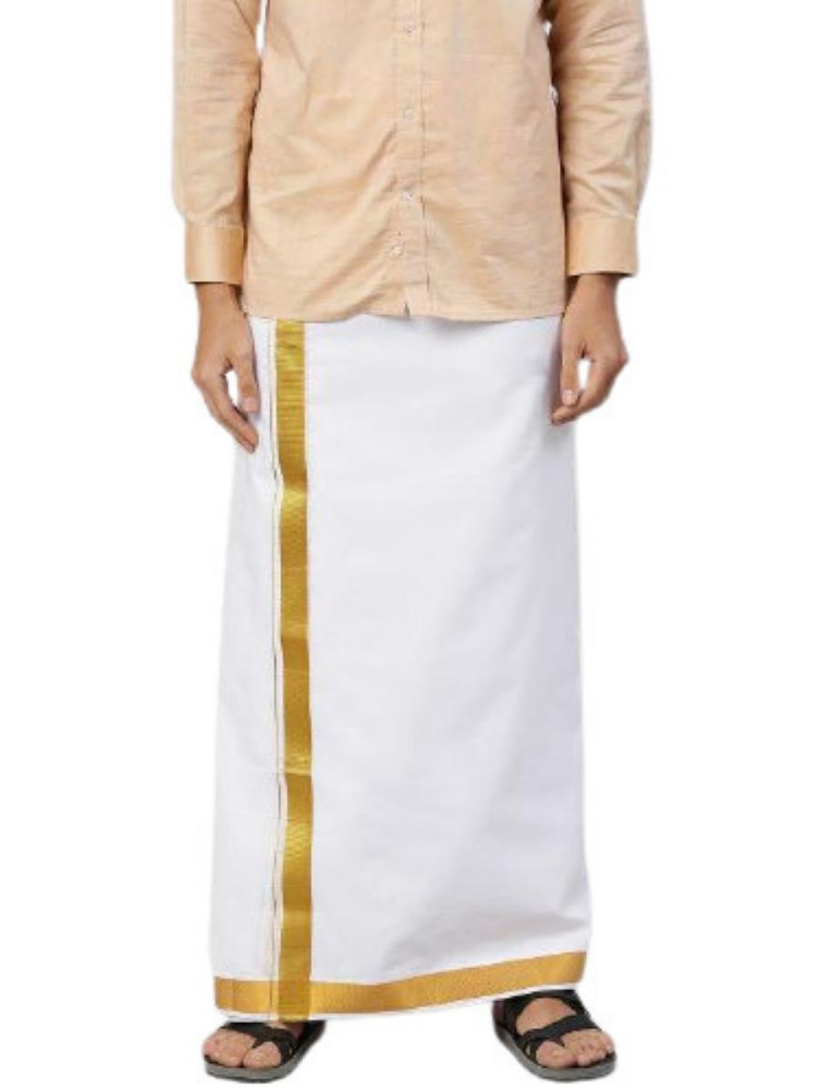 Mens Double Dhoti White with Gold Jari 1 1/2" Gold Special Pet