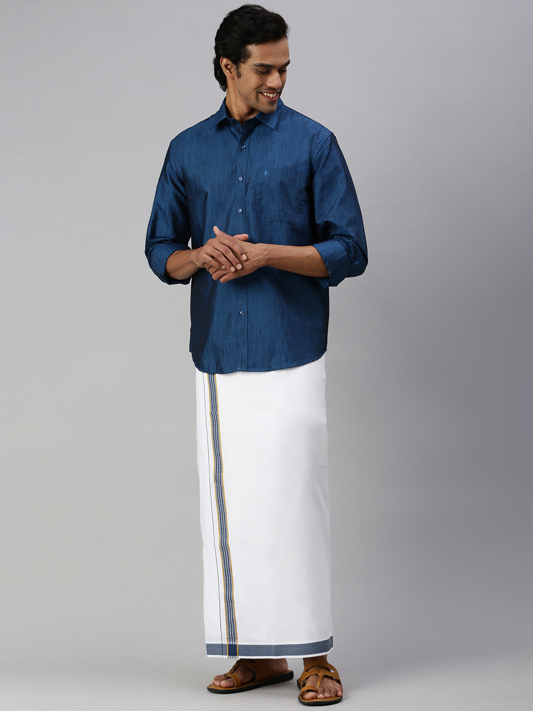 Mens Matching Jari Border Dhoti & Shirt Set Full Sleeve Blue VB9-Front view